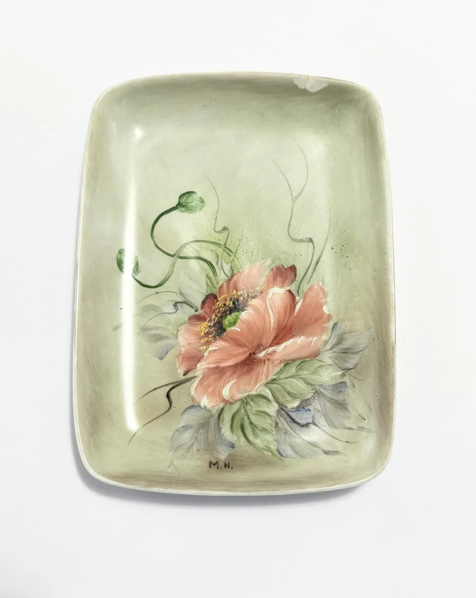 Prato De Porcelana Floral Pintado À Mão Assinado M.N