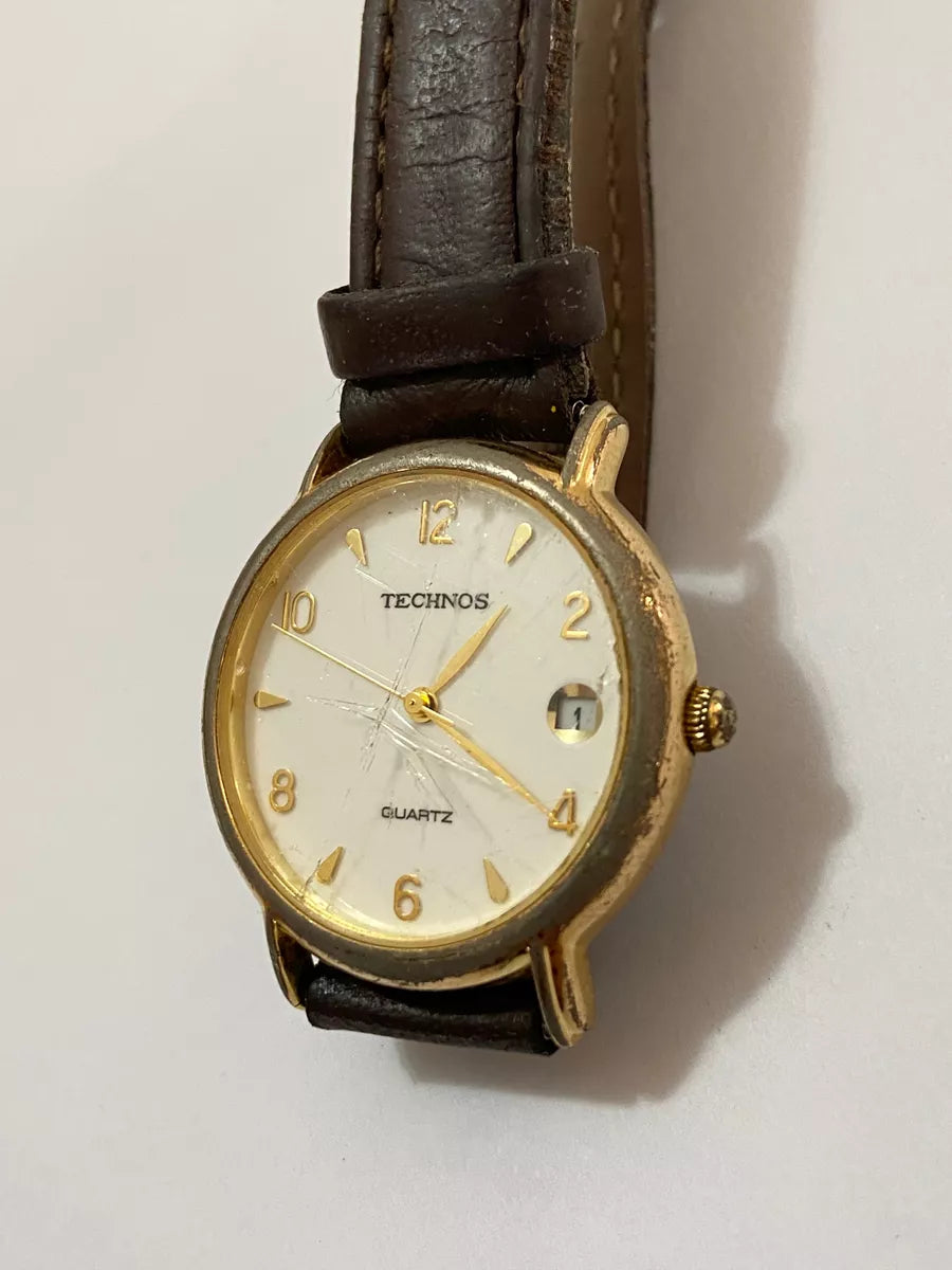 Relógio Antigo Technos Quartz Dourado Pulseira Couro Preta Dourado