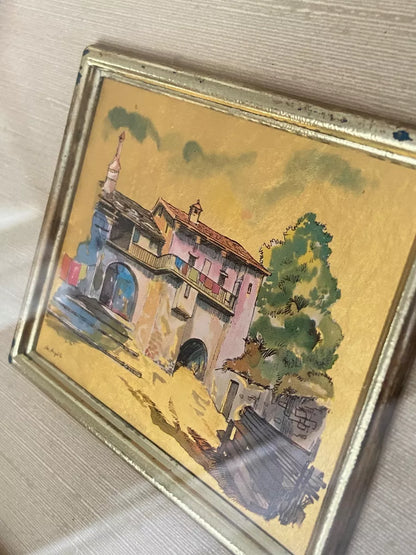 Quadro Cromolitografia Brunaccio Paisagem Em Folha De Ouro