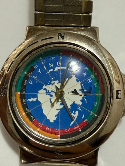 Relógio Antigo Mapa Mundial Flying Gear Japan Movt Prata