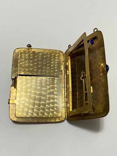 Porta Maquiagem Antigo Metal Dourado E Pedra Azul W&h Co