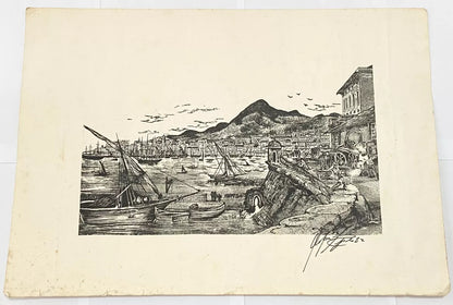 Gravura Antiga Barcos Porto Aos Pés Da Montanha Assinada