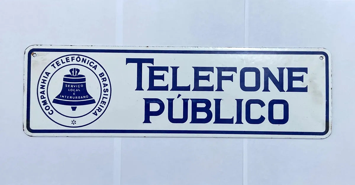 Placa Antiga Telefone Público Cia Telefônica Brasileira Branco