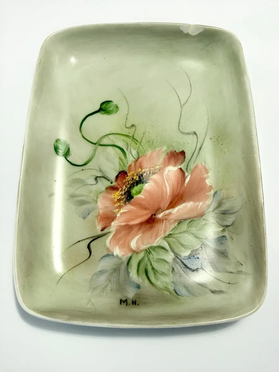 Prato De Porcelana Floral Pintado À Mão Assinado M.N
