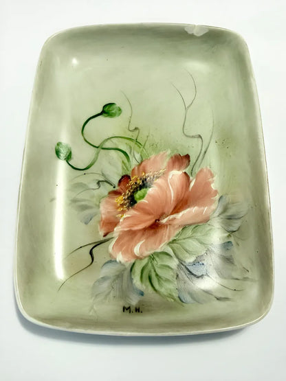 Prato De Porcelana Floral Pintado À Mão Assinado M.N