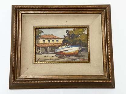 Quadro Antigo Pintura Walter Veiga - Barco E Casario - Ose