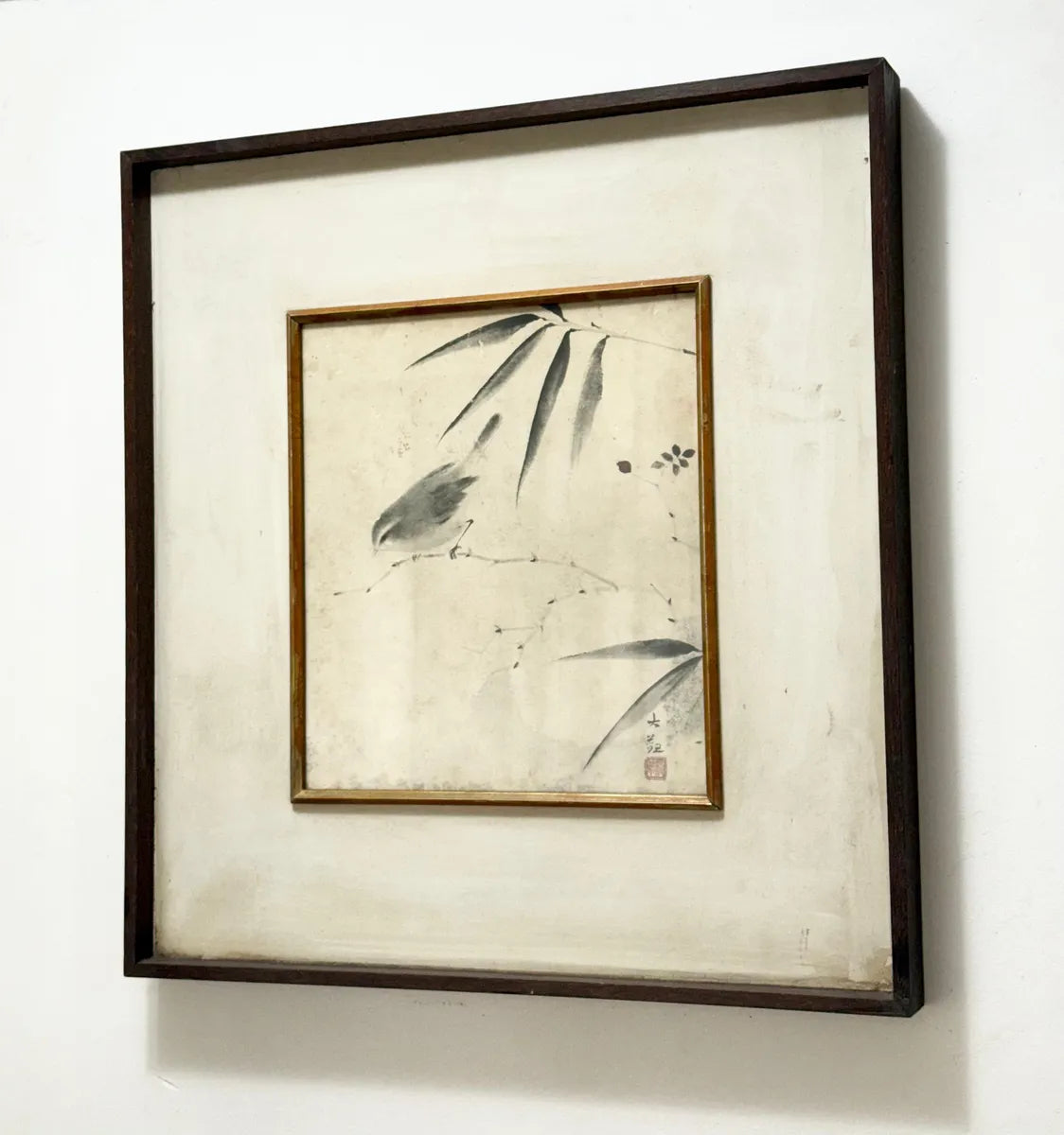 Quadro Antigo Pintura Oriental Em Nanquim - Pássaro E Bambu