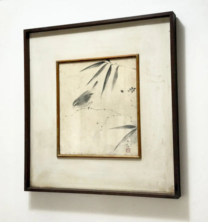 Quadro Antigo Pintura Oriental Em Nanquim - Pássaro E Bambu