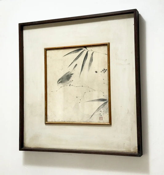 Quadro Antigo Pintura Oriental Em Nanquim - Pássaro E Bambu