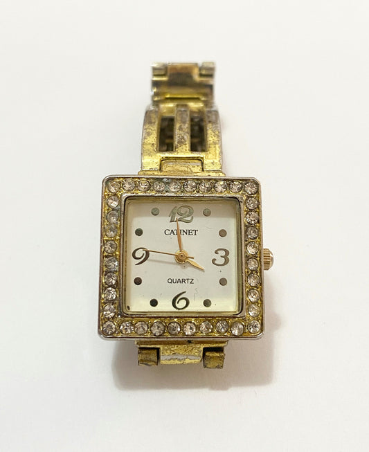 Relógio Antigo Catinet Quartz Com Pedras Quadrado Dourado