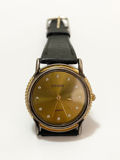 Relógio Antigo Citizen Quartz Dourado Pedras Pulseira Couro Preto