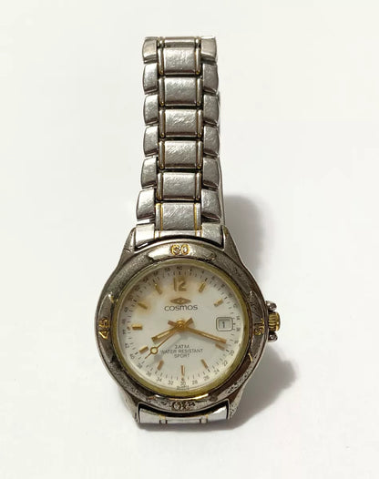 Relógio Antigo Cosmos Quartz 510am Prata E Dourado Prateado