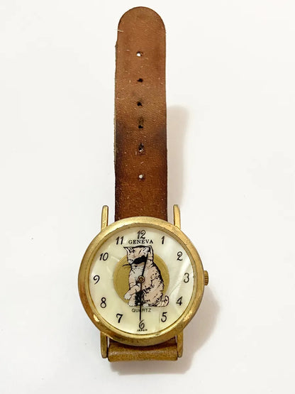 Relógio Antigo Geneva Gato Óculos Quartz Japan Dourado
