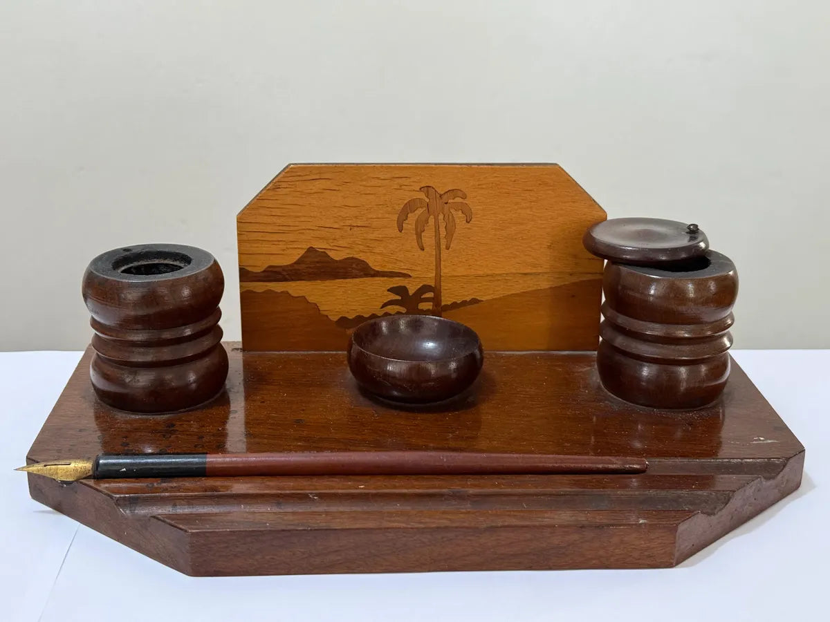 Tinteiro Antigo Em Madeira Marchetaria Completo Com Caneta