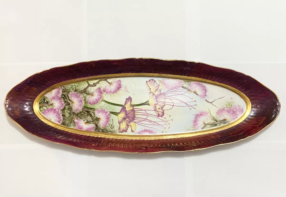 Travessa De Porcelana Antiga Florida Pintada À Mão Assinada
