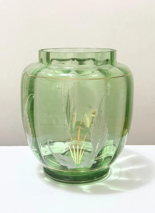 Vaso Antigo Em Vidro Verde Com Detalhes Dourados Verde