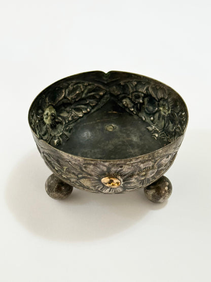 Antiga Tigela Artesanal Com Flores E Detalhes Dourados