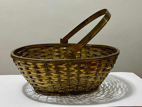 Antiga Cesta De Metal Com Alça Cor Dourada