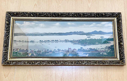 Quadro Antigo Vista Panorâmica em Tecido com Moldura Dourada