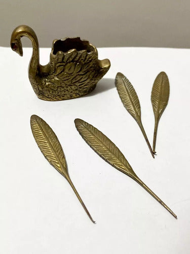 Antigo Tinteiro De Bronze Pato Penas