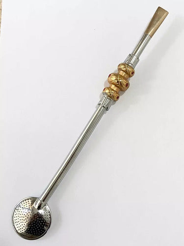 Bomba Para Chimarrão Antiga Em Metal Com Zirconia Vermelha