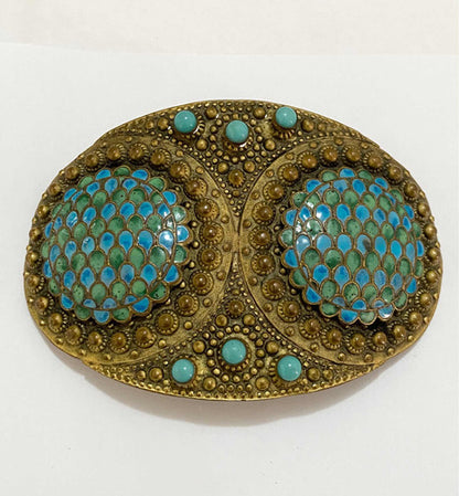 Fivela De Cinto Antiga Dourado Com Pedras Turquesa