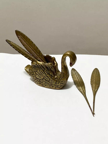 Antigo Tinteiro De Bronze Pato Penas